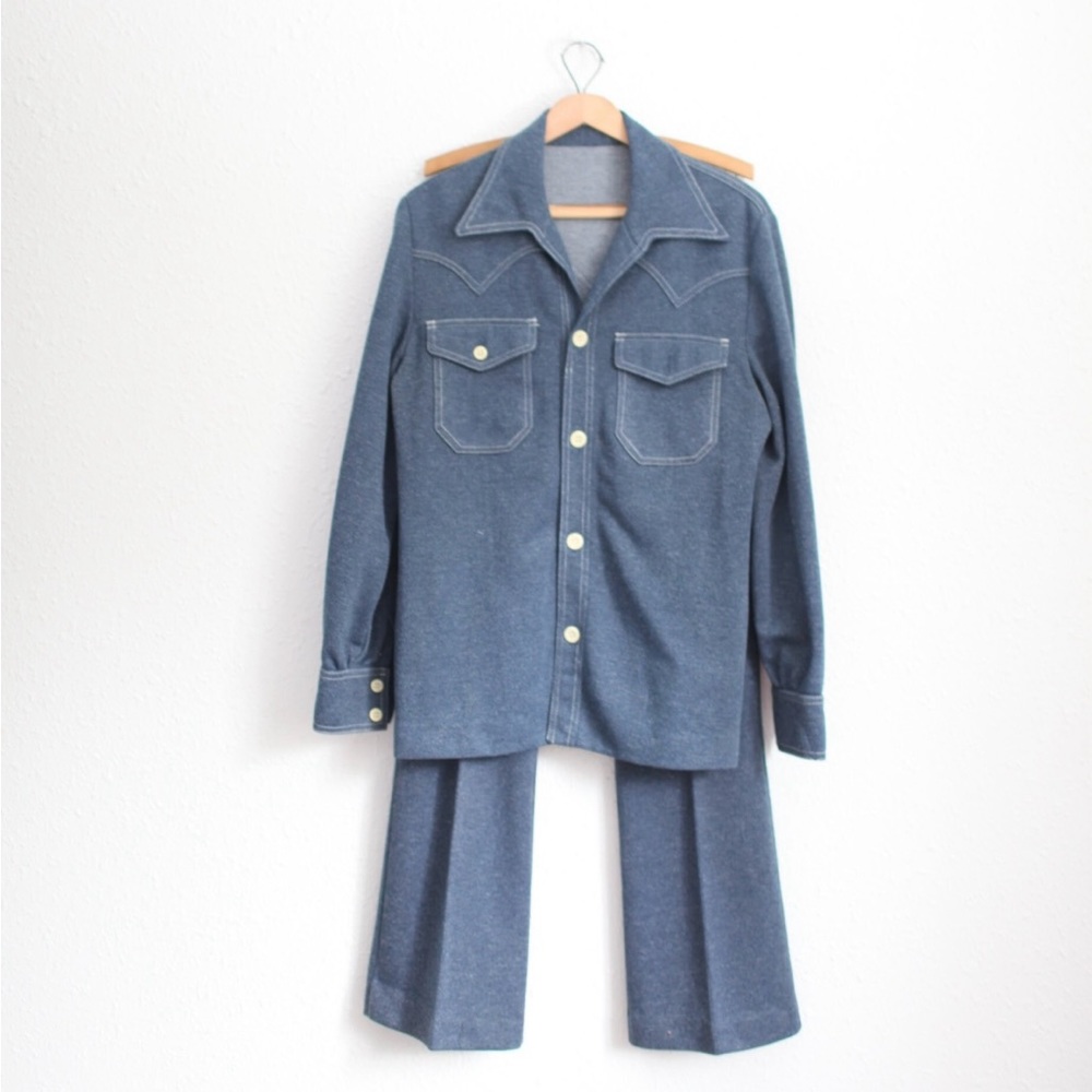 Vintage 70s Panhandle Slim western cut navy blue white stitch suit set #0564